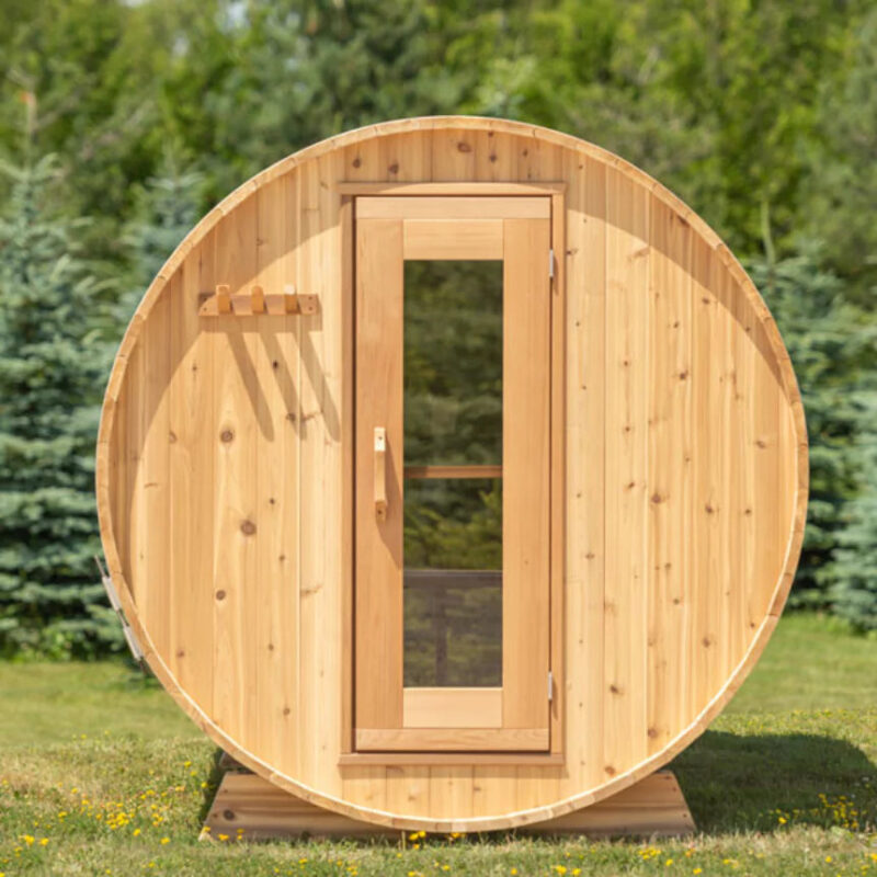 Dundalk 7′ x 6′ Panoramic Knotty Cedar Barrel Sauna - Image 7