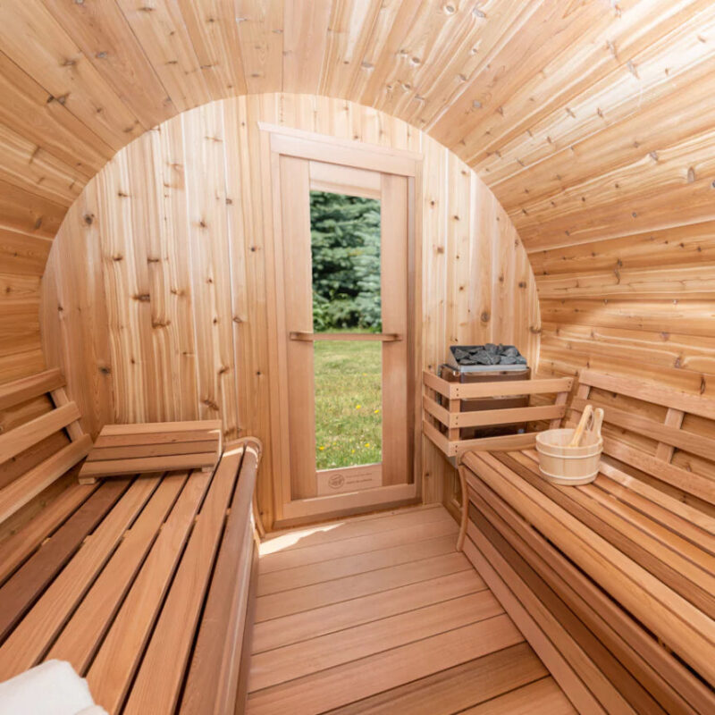 Dundalk 7′ x 6′ Panoramic Knotty Cedar Barrel Sauna - Image 5