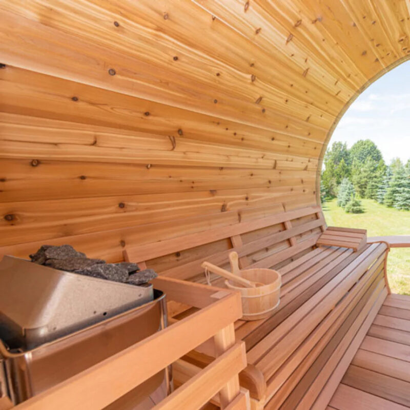 Dundalk 7′ x 6′ Panoramic Knotty Cedar Barrel Sauna - Image 4