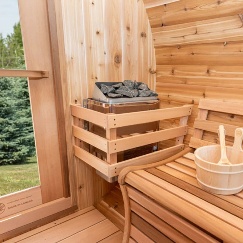 Dundalk 7′ x 6′ Panoramic Knotty Cedar Barrel Sauna - Image 6